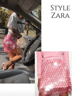 Sequin Pink Mini Skirt with Sheer Polka-Dot Overlay